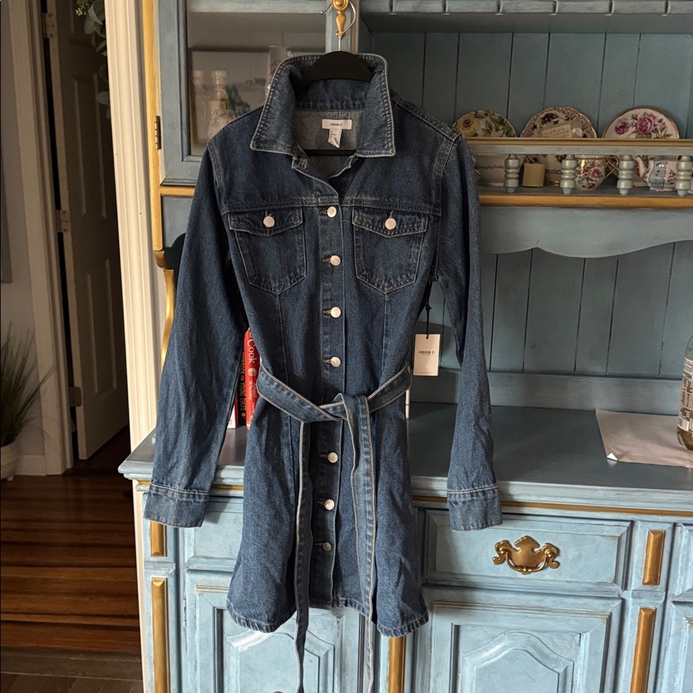 Button-Front Denim Shirt Dress in Medium Wash - Picture 2 of 4